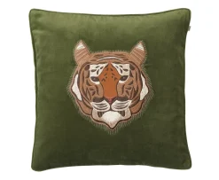Chhatwal & Jonsson Embroidered Tiger Kuddfodral Sammet Cactus Green 50x50