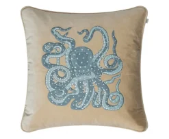 Chhatwal & Jonsson Embroidered Octopus Kuddfodral Sammet Beige/Aqua 50x50