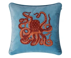 Chhatwal & Jonsson Embroidered Octopus Kuddfodral Sammet Heaven Blue/Orange/Rose 50x50