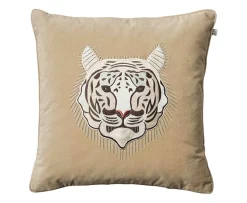 Chhatwal & Jonsson Embroidered White Tiger Kuddfodral Sammet Beige 50x50