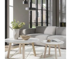 Rowico Home Taransay Soffbord Beige Travertin/Vitpigmenterad Ek Ø90